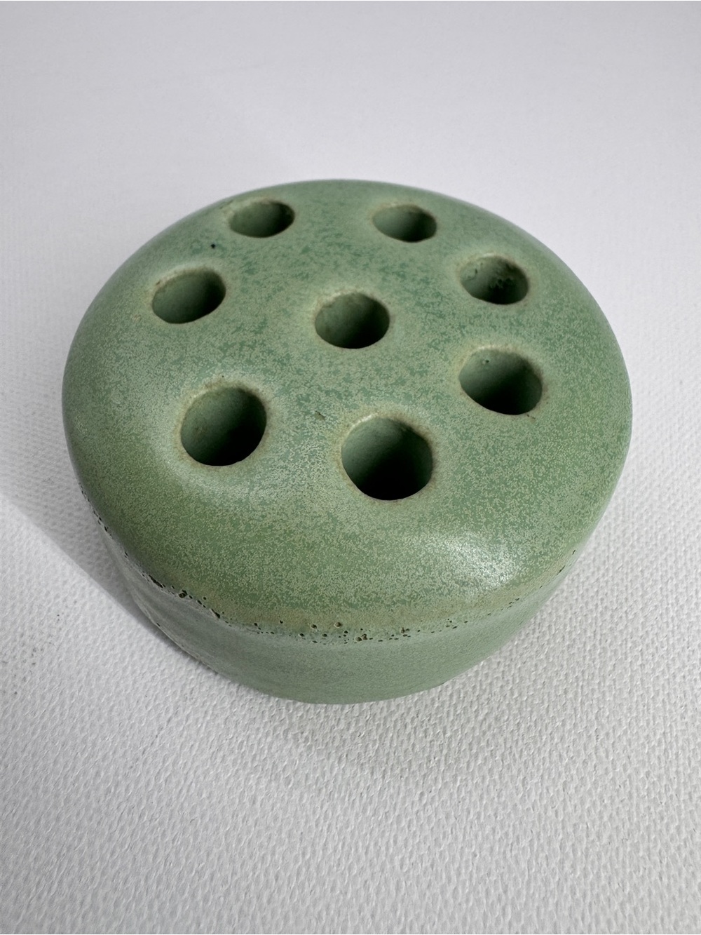 Vintage MCM Matte Green Ceramic Flower Frog Glazed Pottery Floral Stem Holder 3"